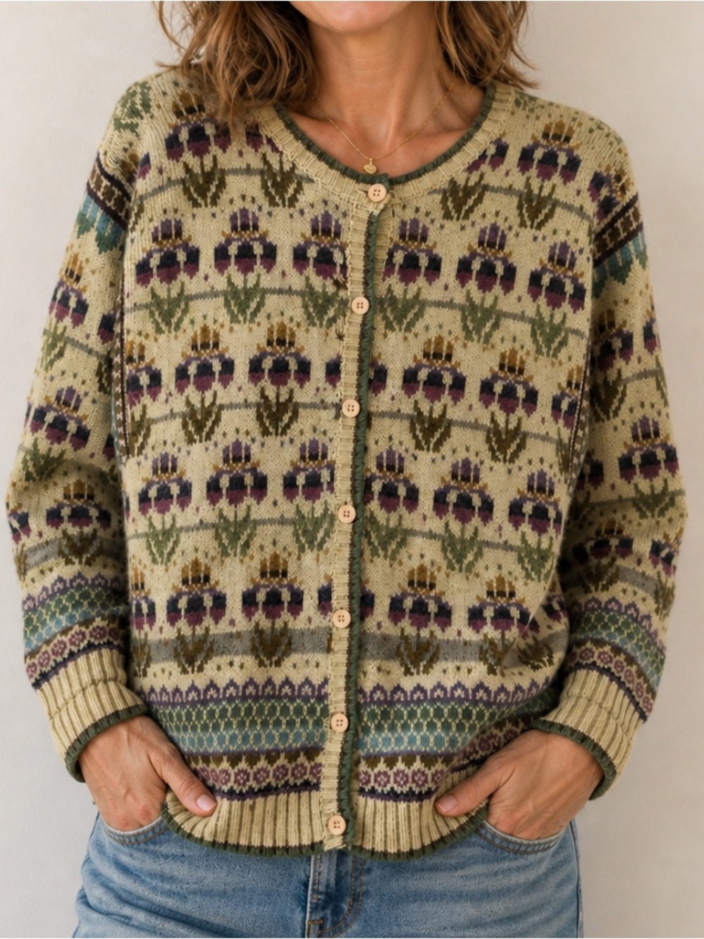 Vintage Floral Knit Cardigan Sweater Womens Medium Cream Green